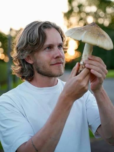 Cullen Taylor Clark holding a large wild bolete up to the light at golden hour.