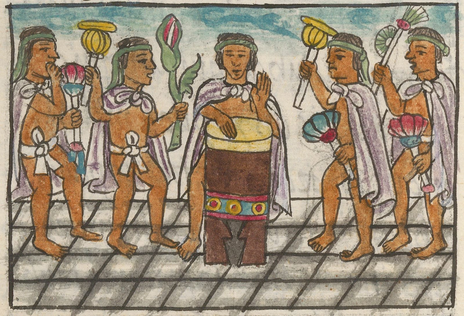 A painted scene from the Florentine Codex: dancers accompanying a drummer playing an upright huehuetl drum.