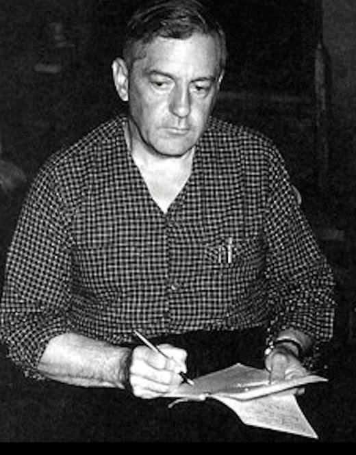 A 1955 black-and-white photograph of R. Gordon Wasson taking field notes in Mexico.