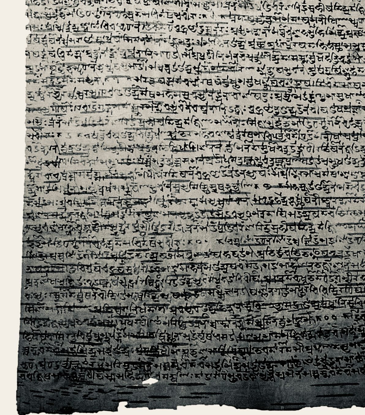 A palm-leaf manuscript page of the Rigveda in Sanskrit, Sharada script, marked with decay lines.