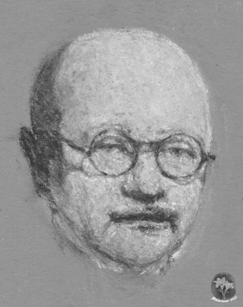 A charcoal portrait drawing of the French mycologist Roger Heim, wearing round glasses.