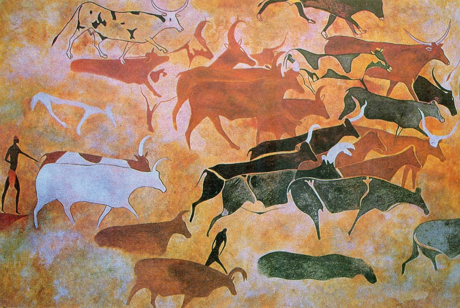 A prehistoric painted rock-art scene from the Tassili n'Ajjer plateau, with human and animal figures in ochre and white.