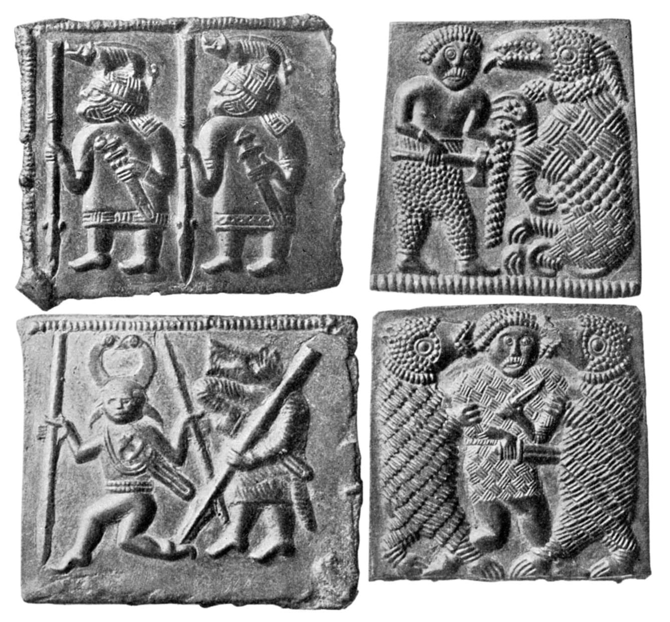 A drawing of the four Torslunda bronze plates, showing Vendel-era warrior figures including a spear-dancer.
